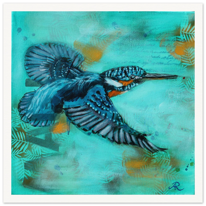 contemporary painting of a Kingfisher with turquoise green background by Antje Reitler Art