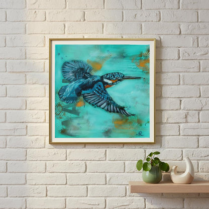 contemporary painting of a Kingfisher with turquoise green background by Antje Reitler Art