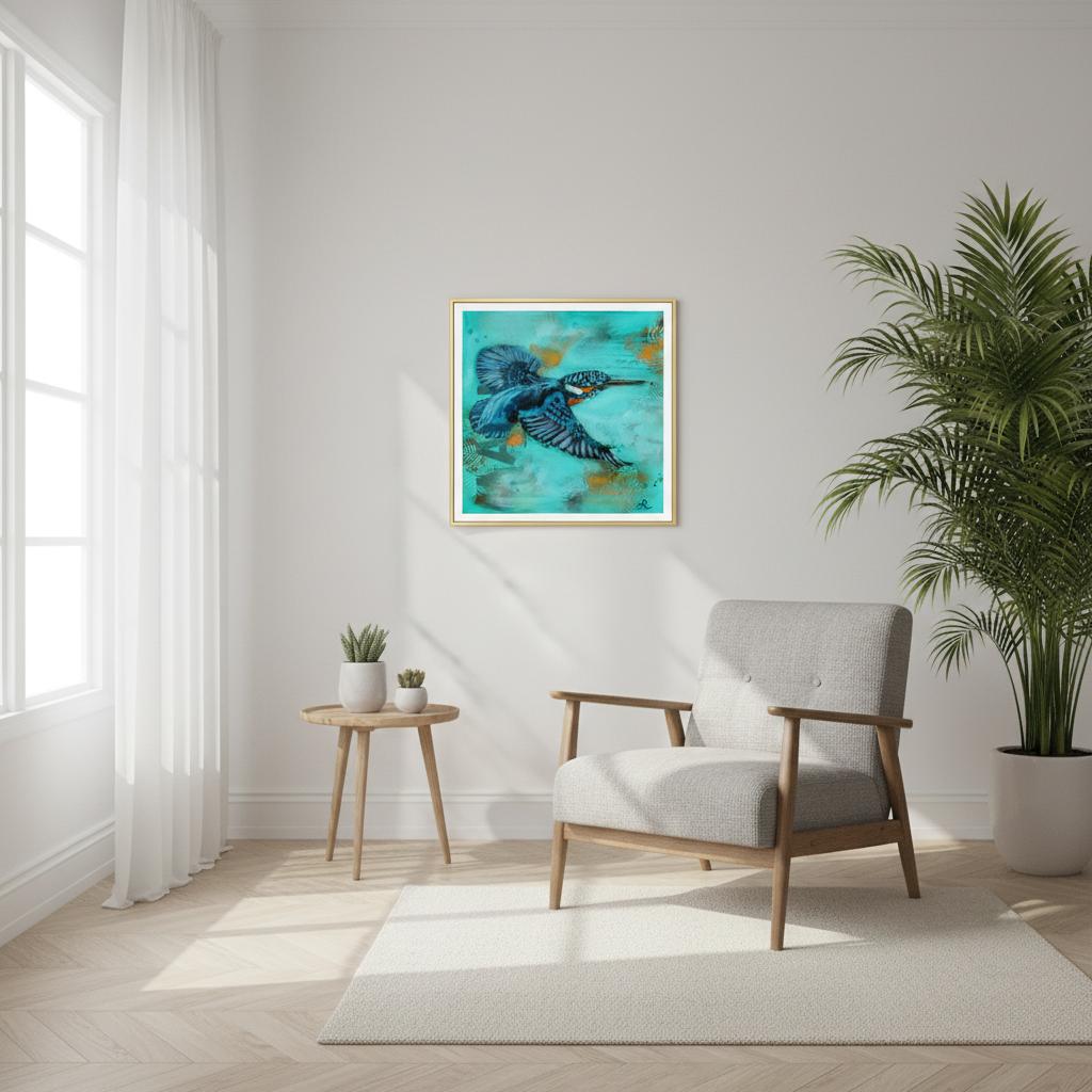 contemporary painting of a Kingfisher with turquoise green background by Antje Reitler Art