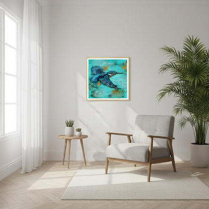 contemporary painting of a Kingfisher with turquoise green background by Antje Reitler Art