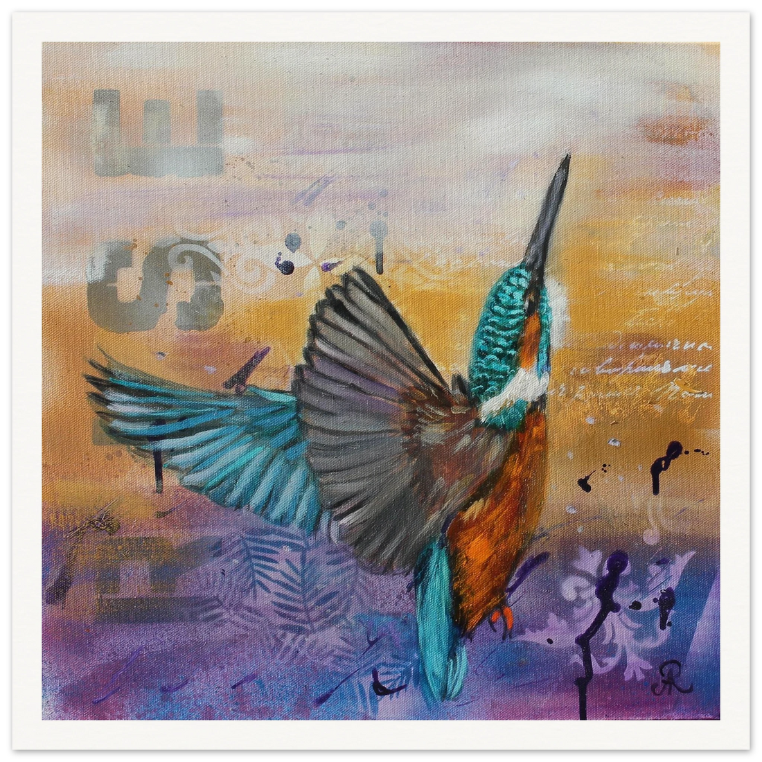 contemporary painting of a kingfisher rising out of water with white, ochre, purple background by Antje Reitler Art