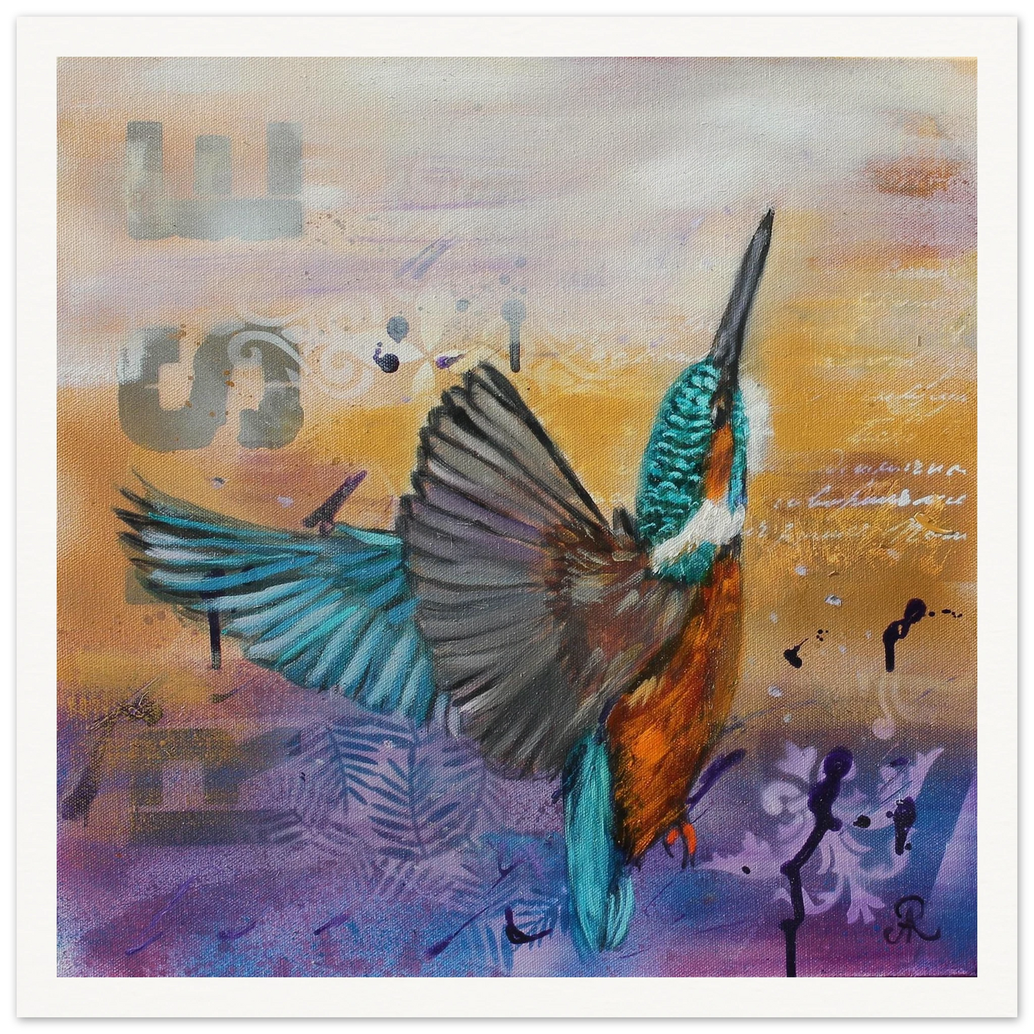 contemporary painting of a kingfisher rising out of water with white, ochre, purple background by Antje Reitler Art