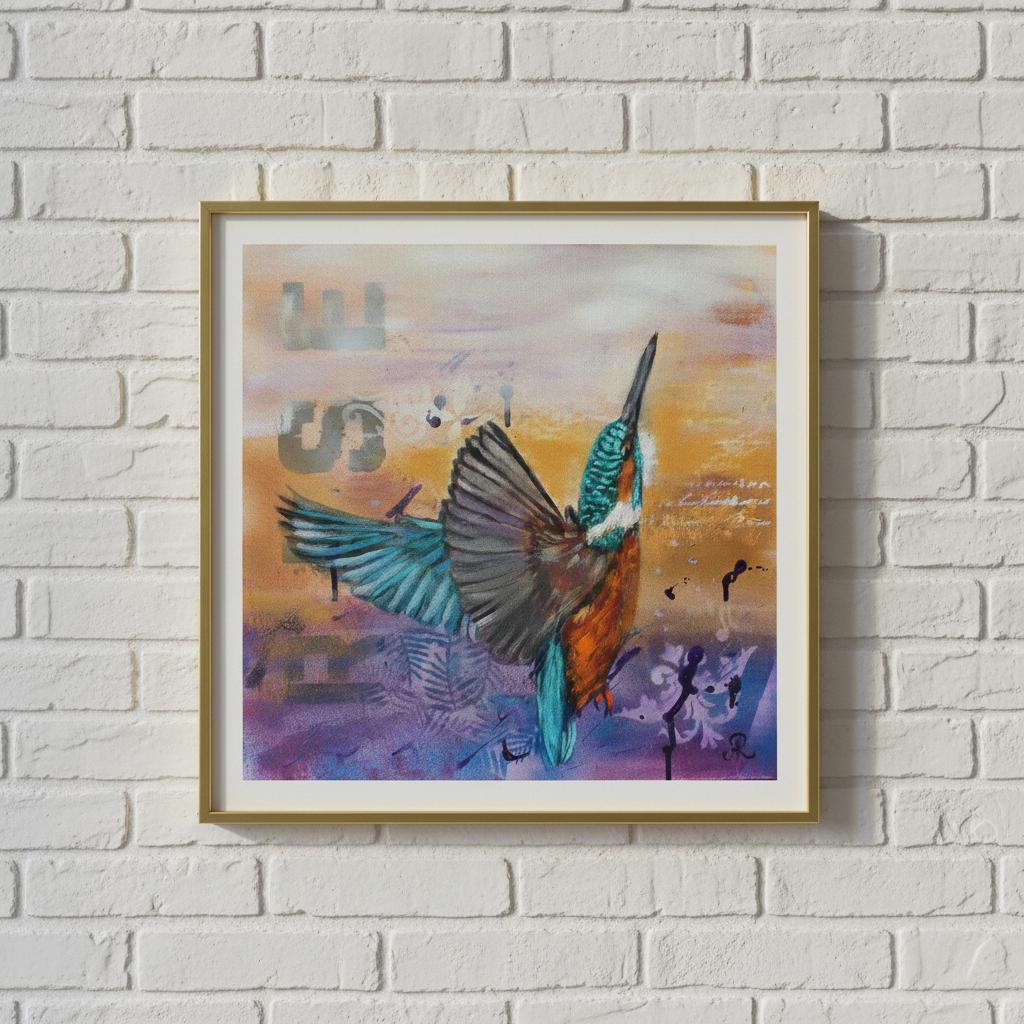 contemporary painting of a kingfisher rising out of water with white, ochre, purple background by Antje Reitler Art