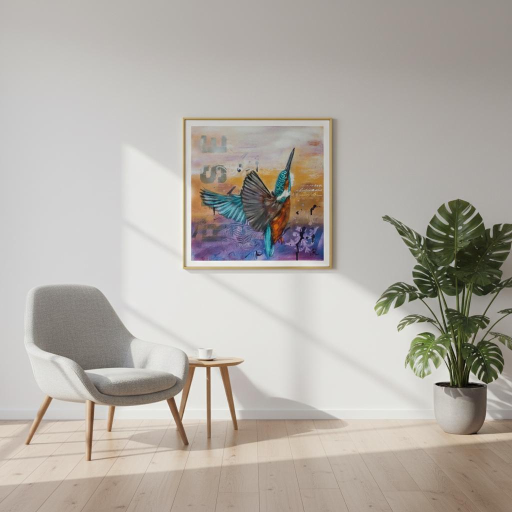 contemporary painting of a kingfisher rising out of water with white, ochre, purple background by Antje Reitler Art