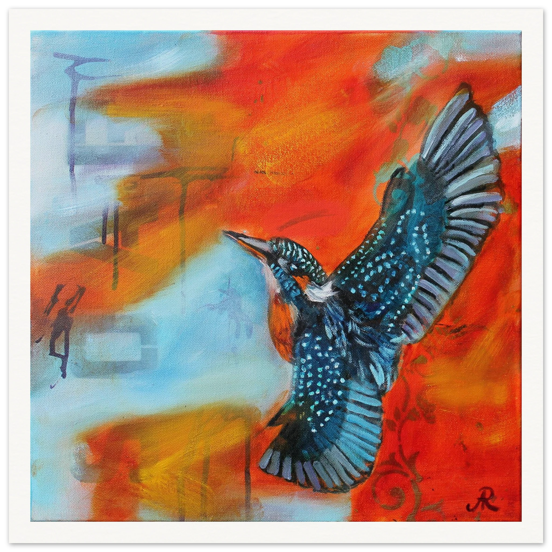 contemporary Painting of a Kingfisher with orange blue background by Antje Reitler Art