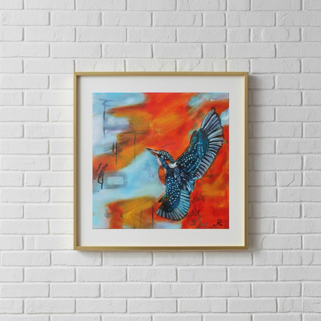 contemporary Painting of a Kingfisher with orange blue background by Antje Reitler Art