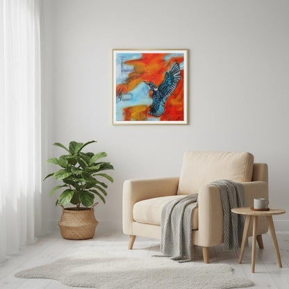 contemporary Painting of a Kingfisher with orange blue background by Antje Reitler Art