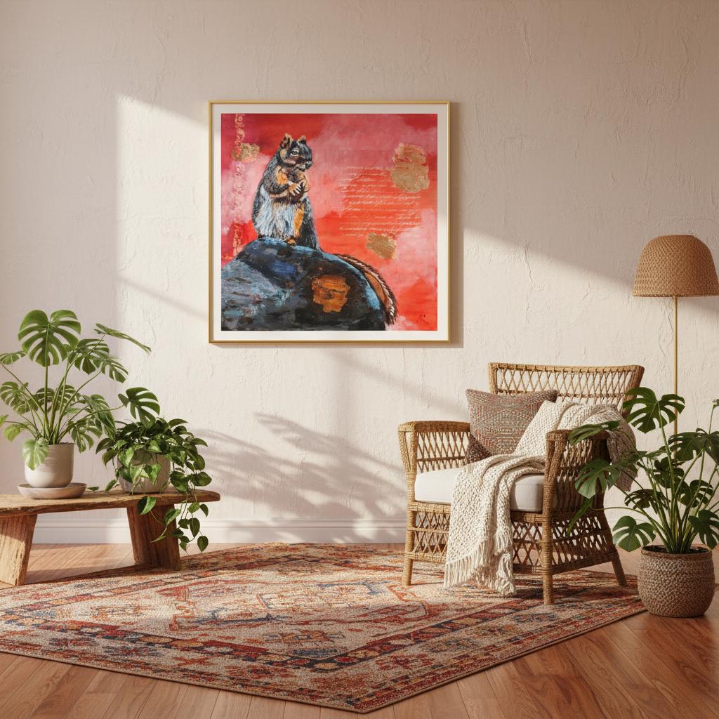 Painting of Squirrel on a rock with red orange background and Goldleaf by Antje Reitler Art