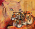 Tiger family painting in warm ochre and orange tones, contemporary mixed media and oil painting on canvas, by Antje Reitler