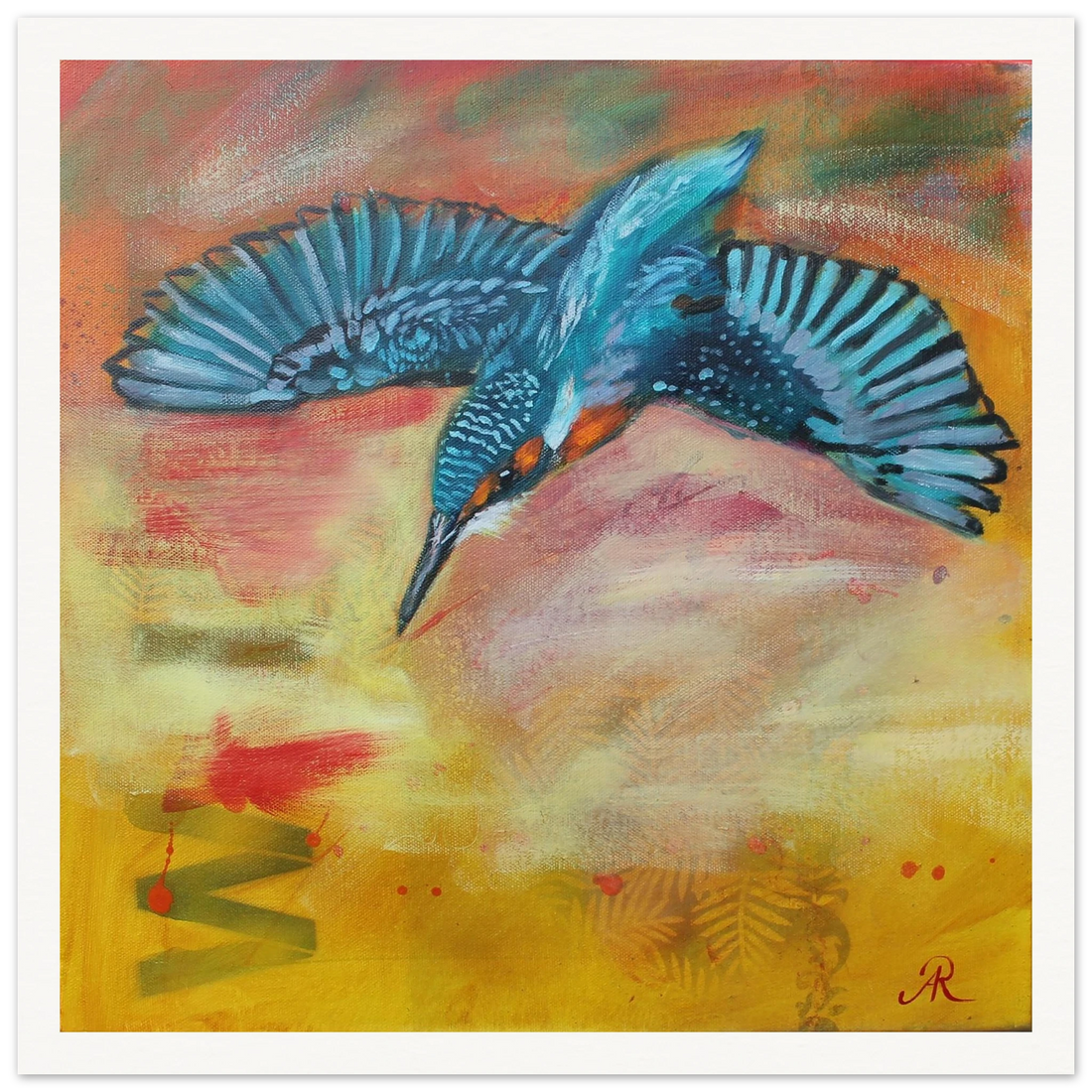 contemporary painting of a Kingfisher with yellow background by Antje Reitler Art
