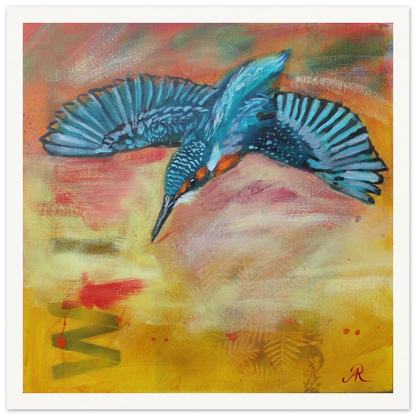 contemporary painting of a Kingfisher with yellow background by Antje Reitler Art
