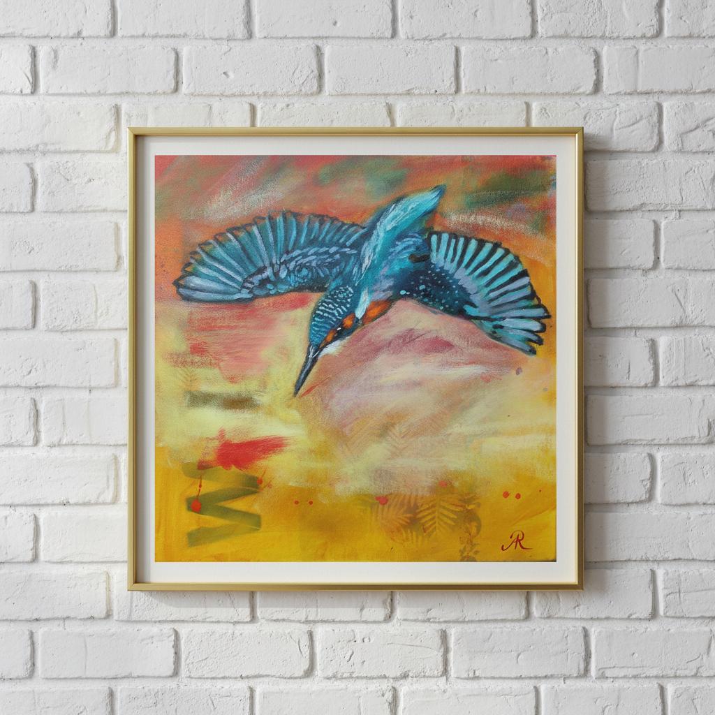 contemporary painting of a Kingfisher with yellow background by Antje Reitler Art