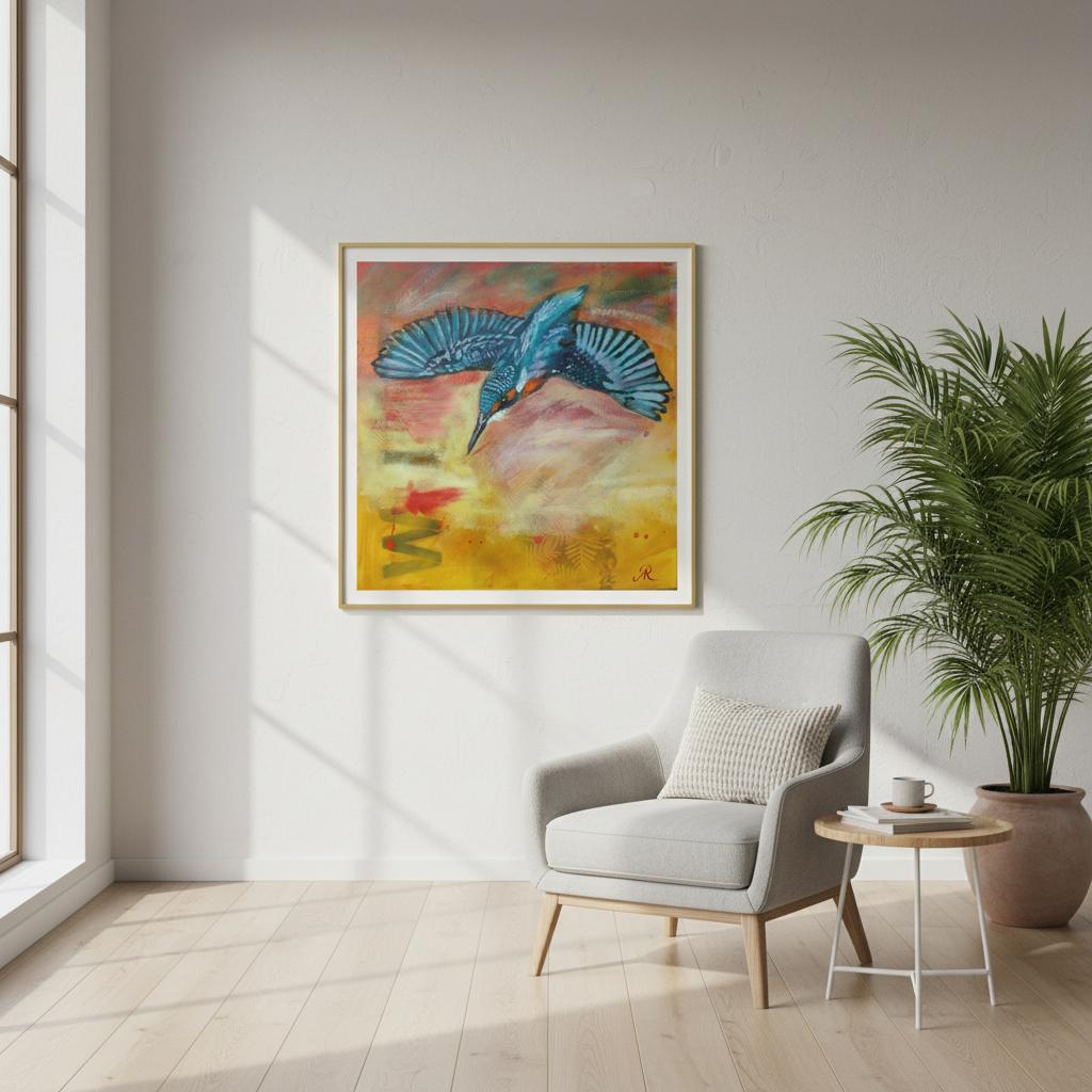 contemporary painting of a Kingfisher with yellow background by Antje Reitler Art