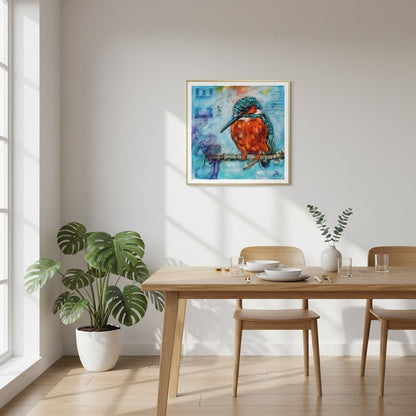 contemporary painting of a Kingfisher on a branch with fluffed up feathers and light blue background by Antje Reitler Art