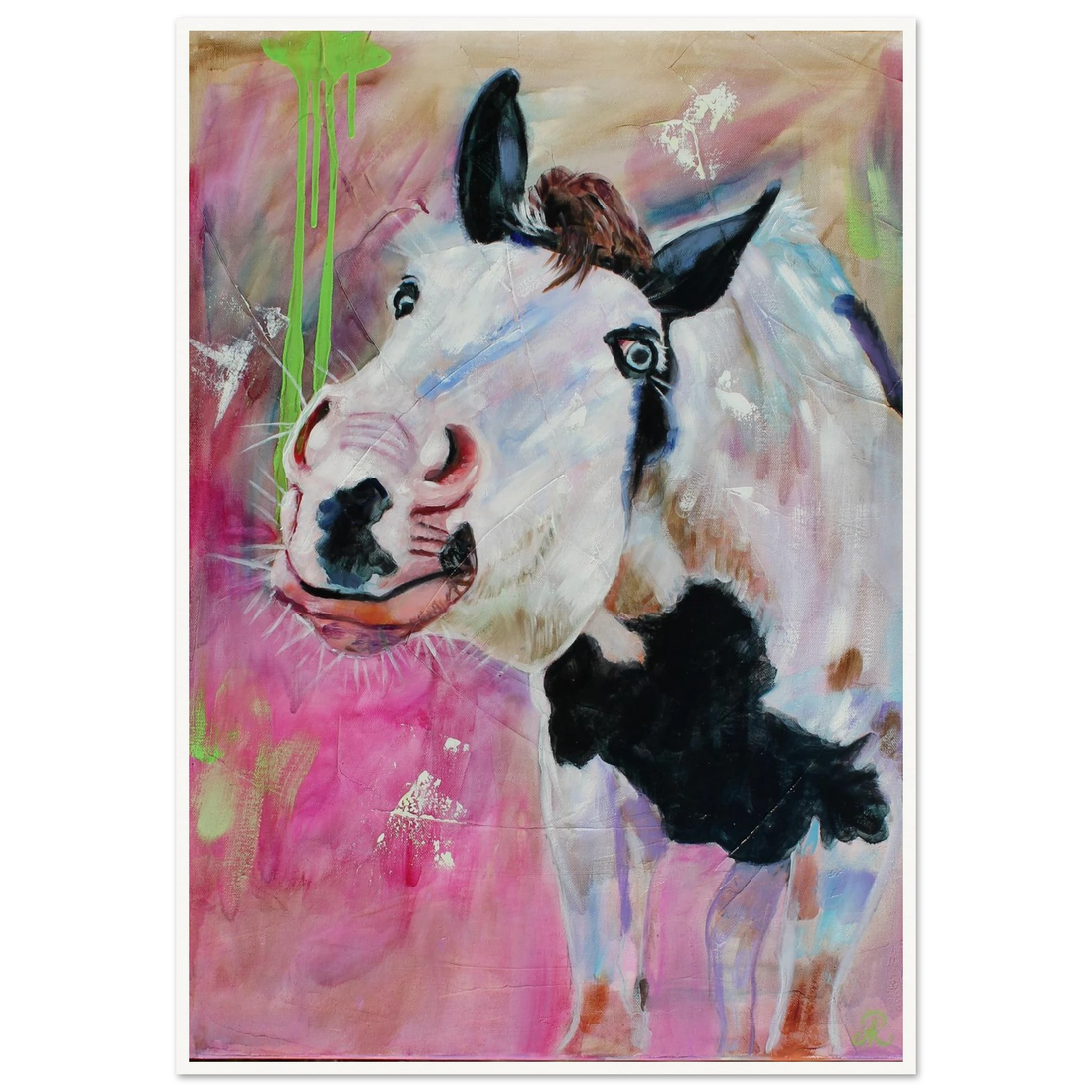 contemporary painting of a white and black paint horse with pink background by Antje Reitler Art