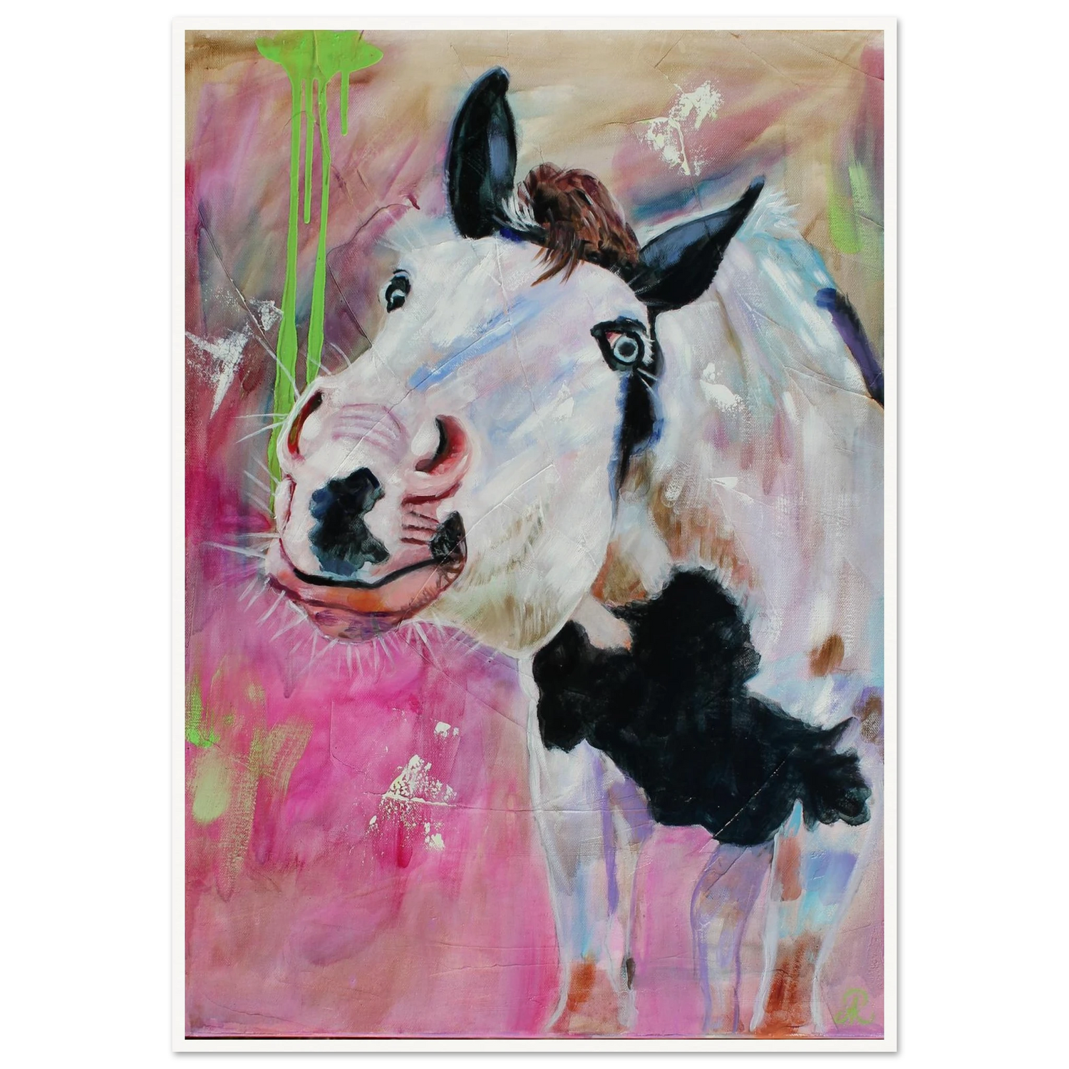 contemporary painting of a white and black paint horse with pink background by Antje Reitler Art