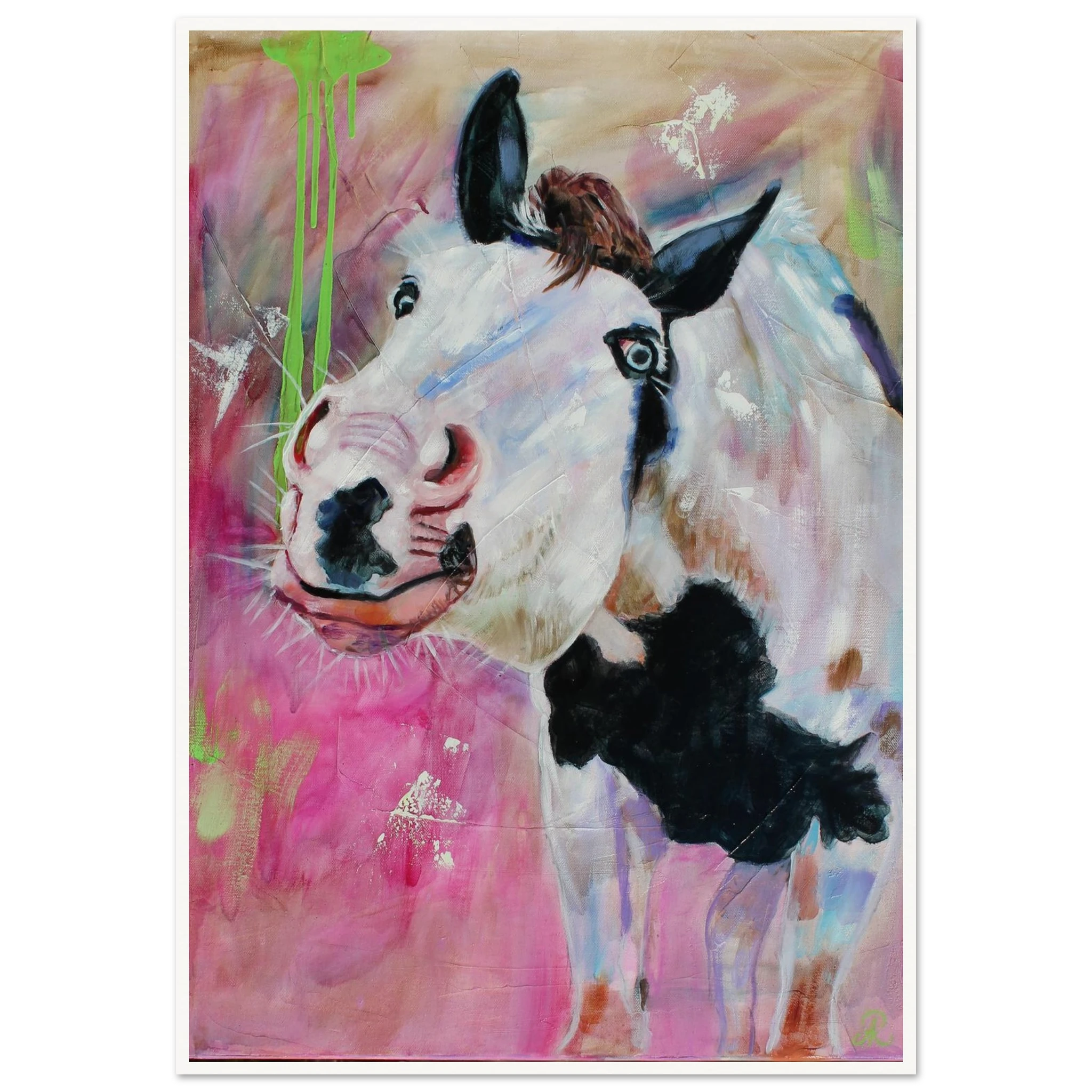 contemporary painting of a white and black paint horse with pink background by Antje Reitler Art