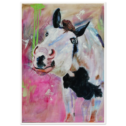 contemporary painting of a white and black paint horse with pink background by Antje Reitler Art
