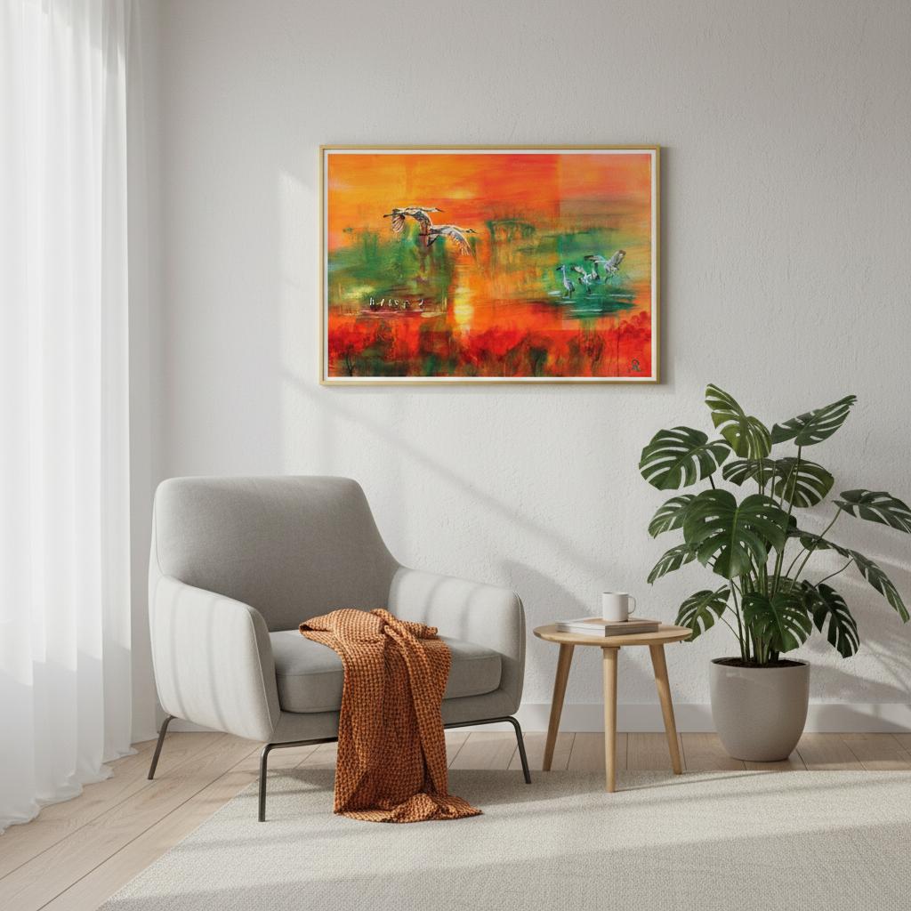 painting of an abstract landscape in blue with seagulls by Antje Reitler Art