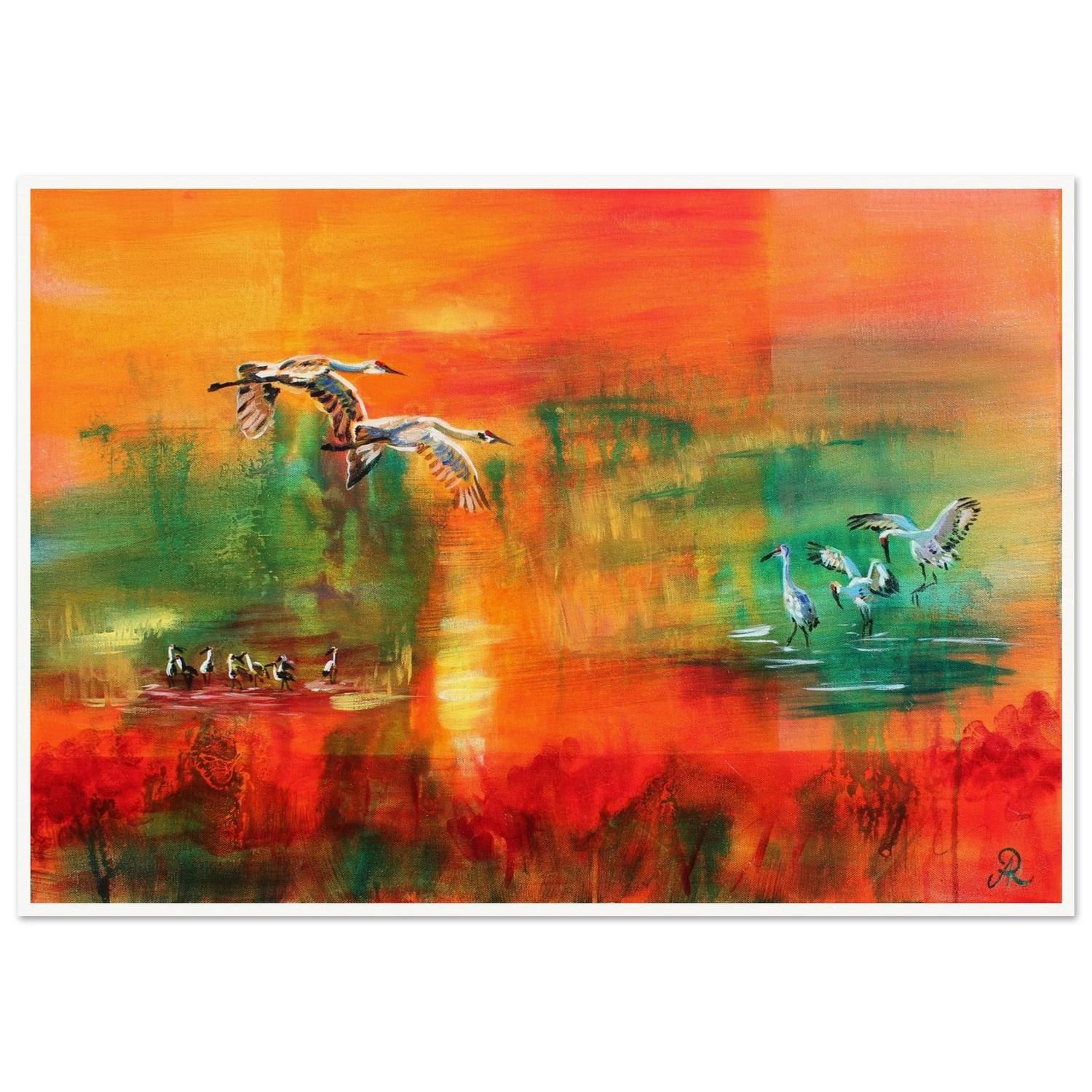 painting of an abstract landscape in orange with cranes by Antje Reitler Art