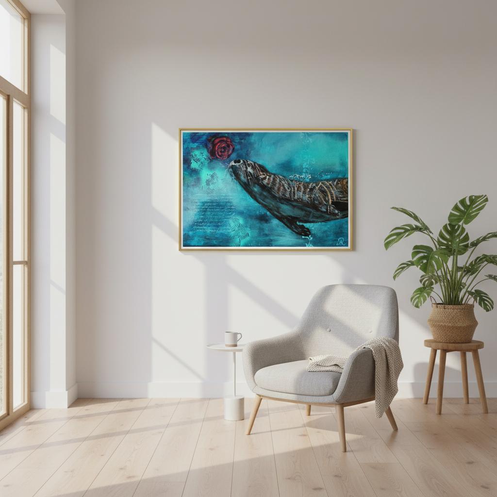 contemporary painting of an otter smelling a red rose with blue turquoise background by Antje Reitler Art