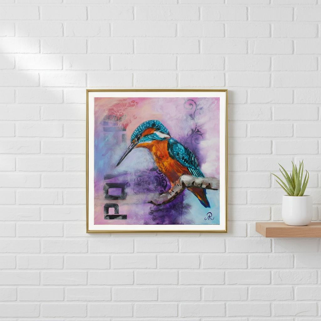 contemporary painting of a Kingfisher on a branch with light blue and purple background by Antje Reitler Art