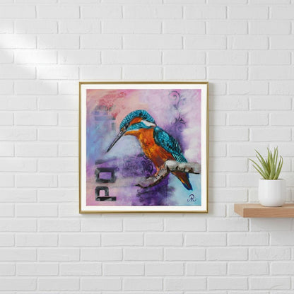 contemporary painting of a Kingfisher on a branch with light blue and purple background by Antje Reitler Art