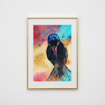 contemporary painting of a black bird with multi colored background by Antje Reitler Art