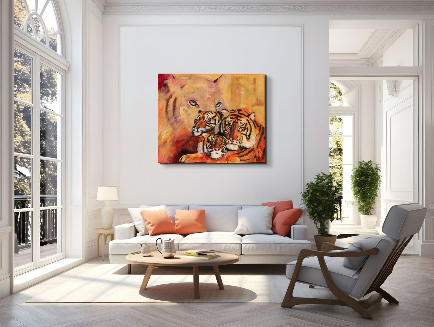 Tiger family painting in warm ochre and orange tones, contemporary mixed media and oil painting on canvas, by Antje Reitler