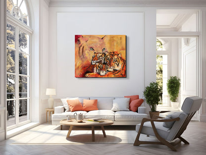 Tiger family painting in warm ochre and orange tones, contemporary mixed media and oil painting on canvas, by Antje Reitler